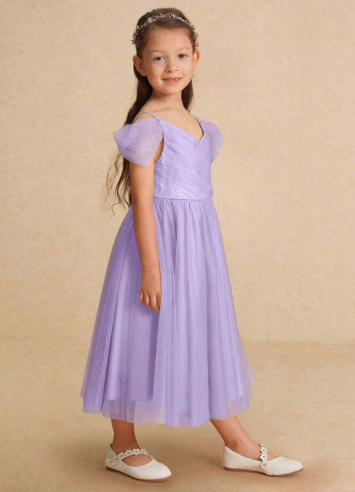 Azazie Lizzette Flower Girl Dresses Lilac A-Line Ruched Tulle Dress image1