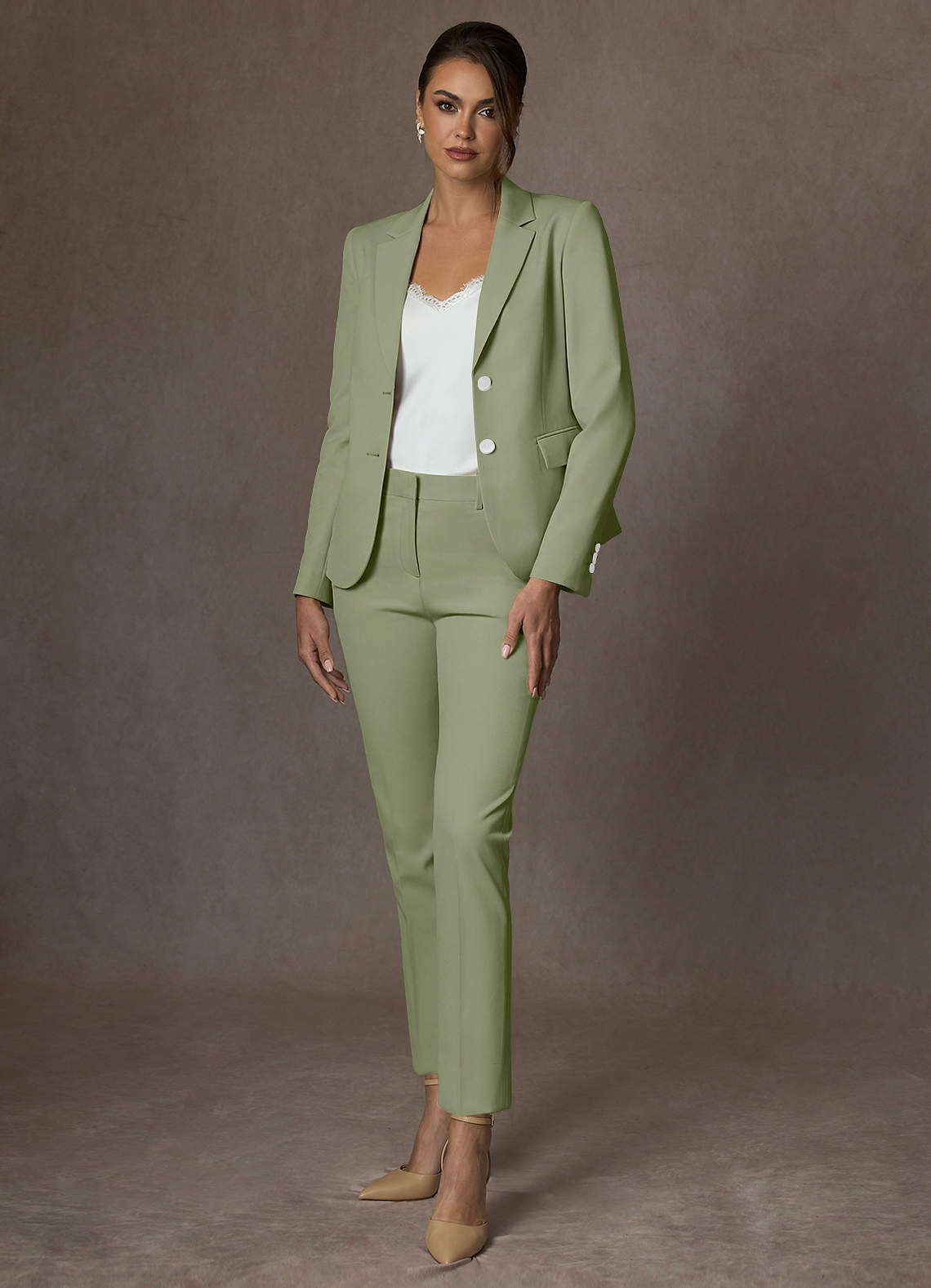 front Whitney Pistachio Structured Stretch Full Length Pants Suit