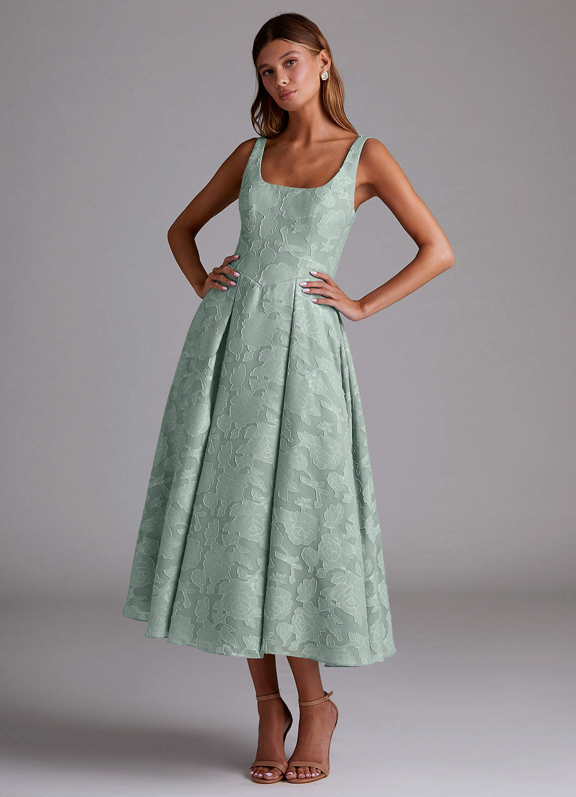 tea length bridesmaid dresses Azazie Amalie Agave Floral Burnout HELSI Elegant Sherri Hill Style 55525 XS-4XB:2XL Sleeveless 6