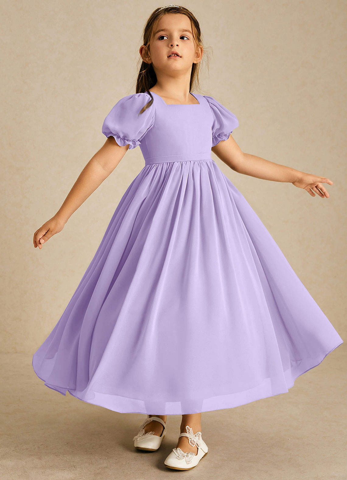 Azazie Joss Flower Girl Dresses Lilac A-Line with Sleeves Chiffon Dress image2