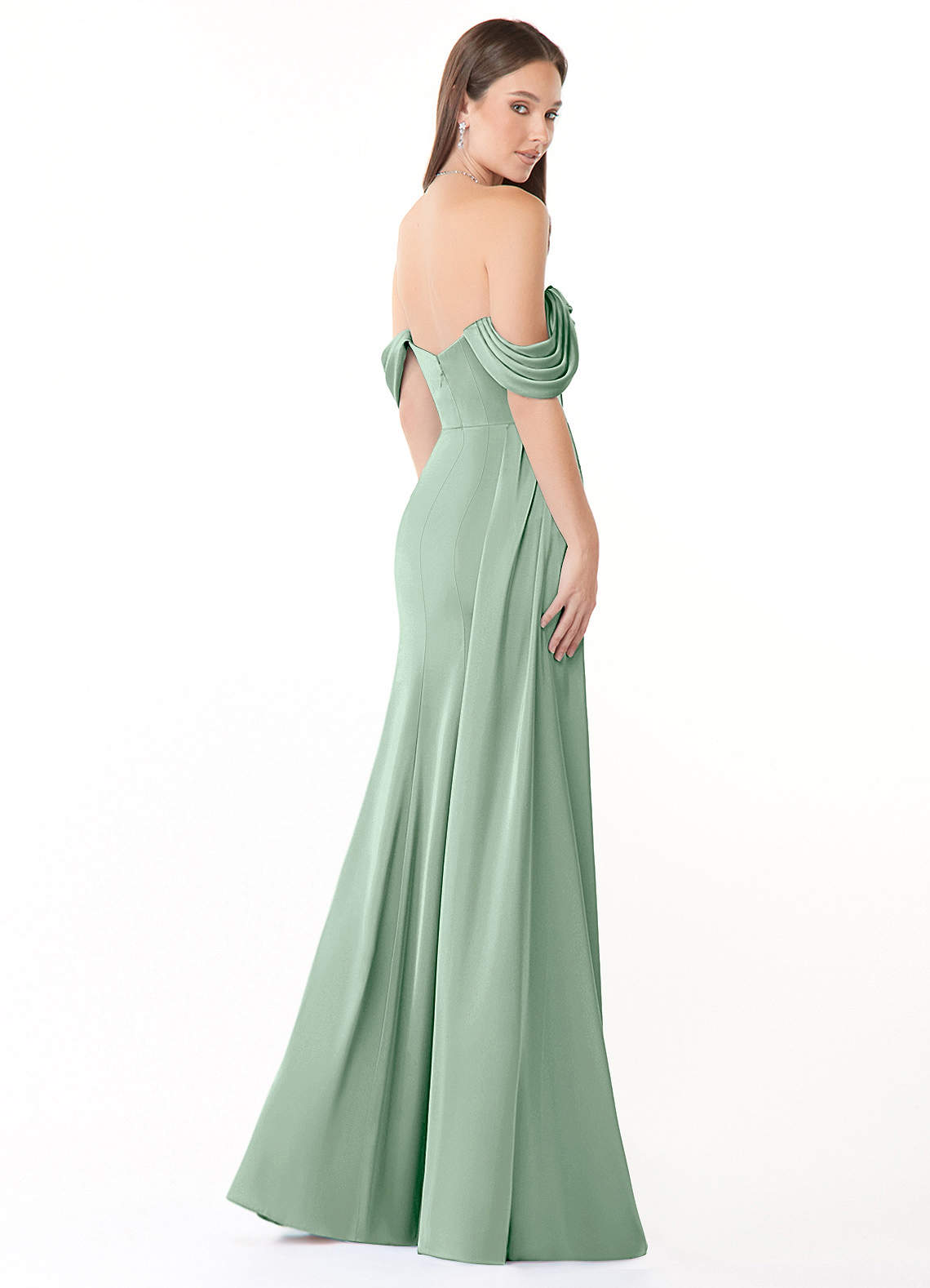 Azazie Amyra At-home Try On Dresses Agave Sheath Off the Shoulder Stretch Satin Convertible Dress image4