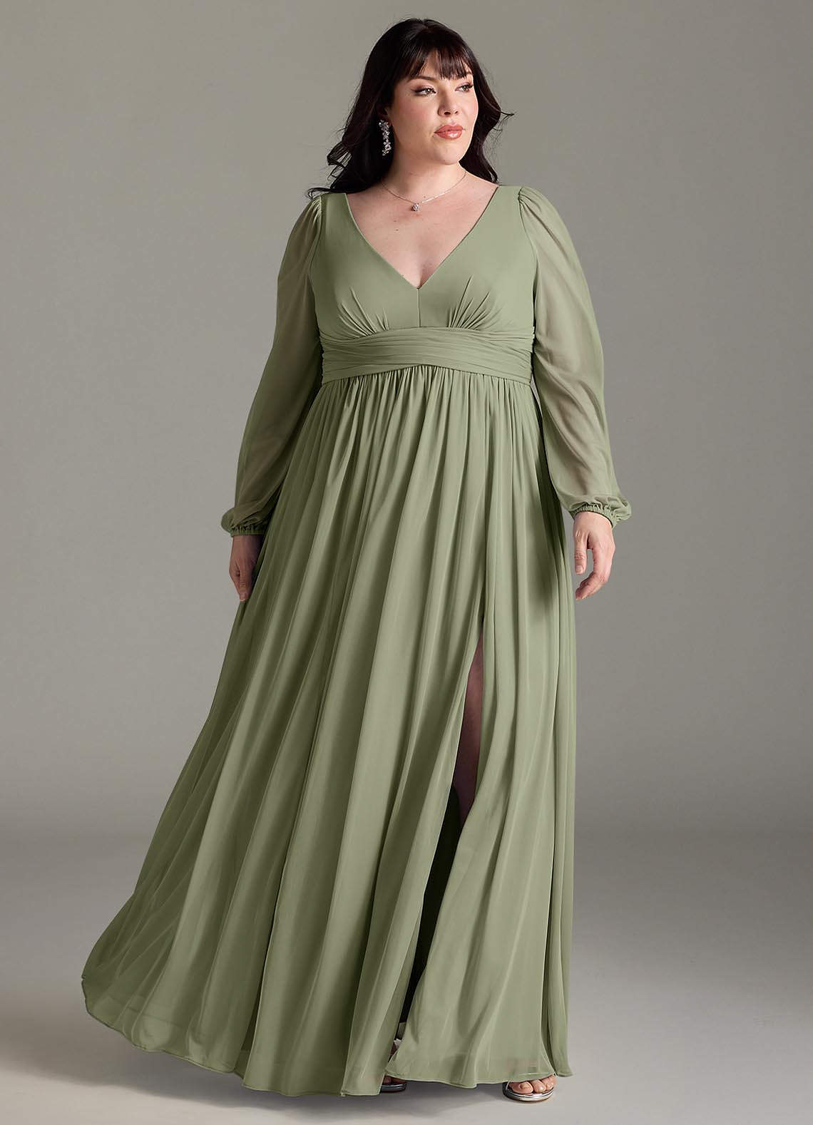 Azazie Norah Bridesmaid Dresses Pistachio A-Line V-Neck Long Sleeve Chiffon Dress image1