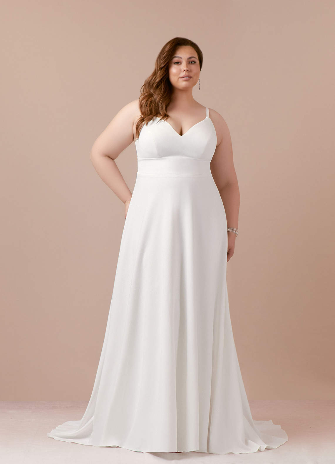 Azazie Xena Vestidos de novia Vestido de Blanco Diamante Arena de Crepé elástico de Corte en A con Lentejuelas cuello pico image1