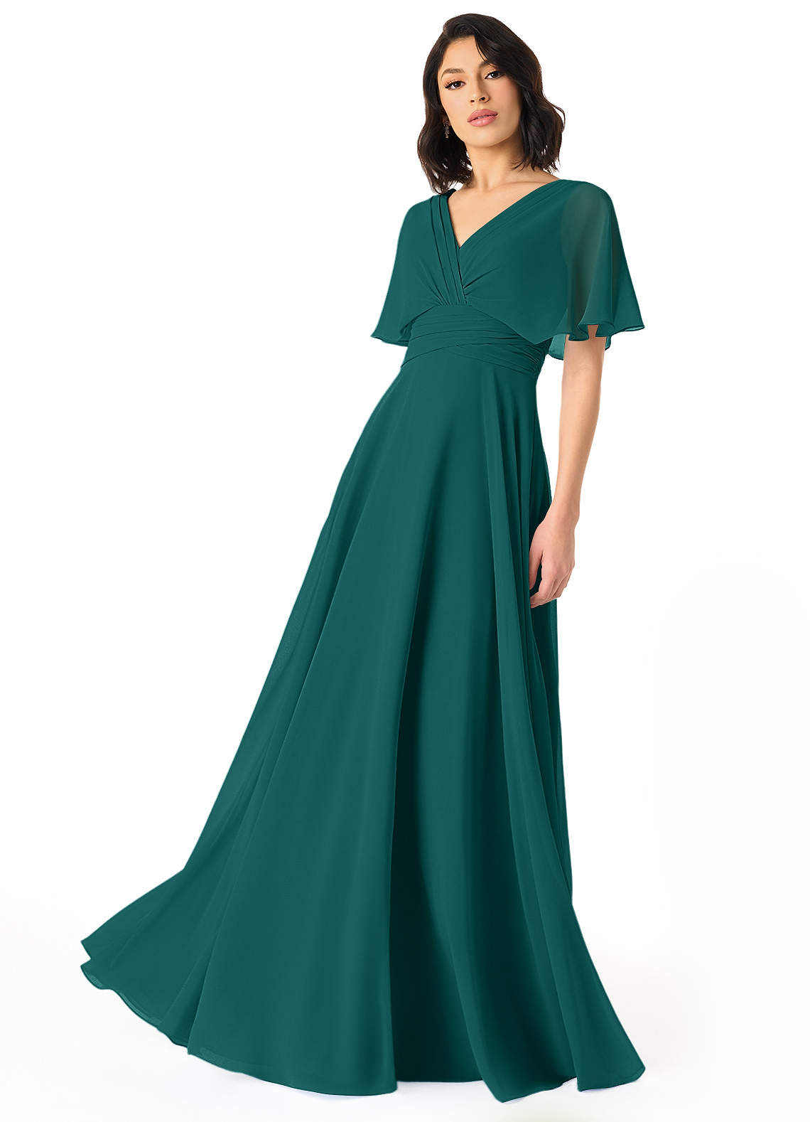 Azazie Pamela Bridesmaid Dresses Peacock A-Line V-Neck Pleated Chiffon Dress image1