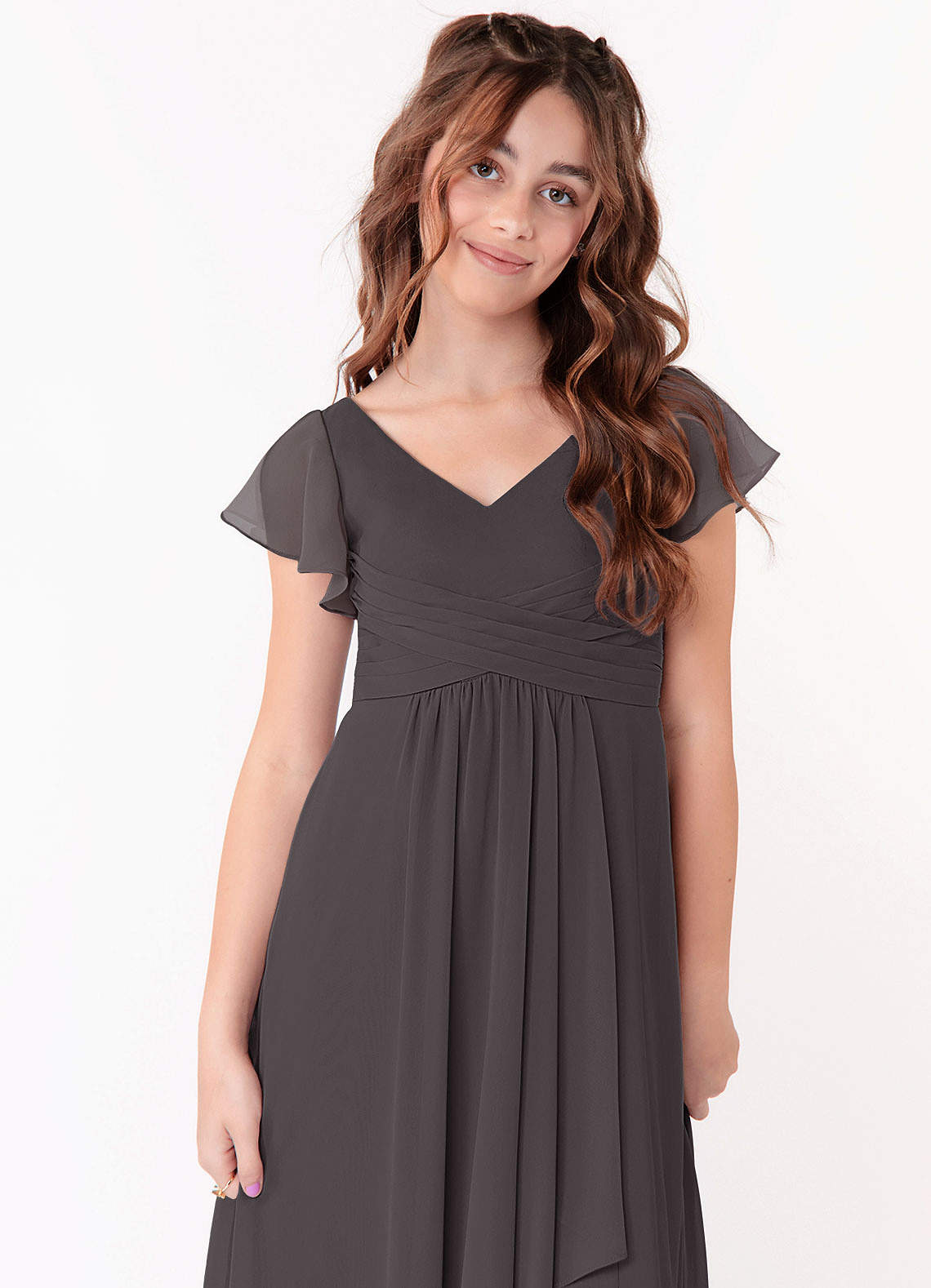 Azazie Omari Junior Steel Grey A-Line Ruched Chiffon Dress image3