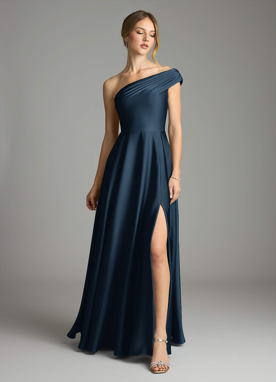 Azazie Melanie Dark Navy Stretch Satin Bridesmaid Dresses | Azazie