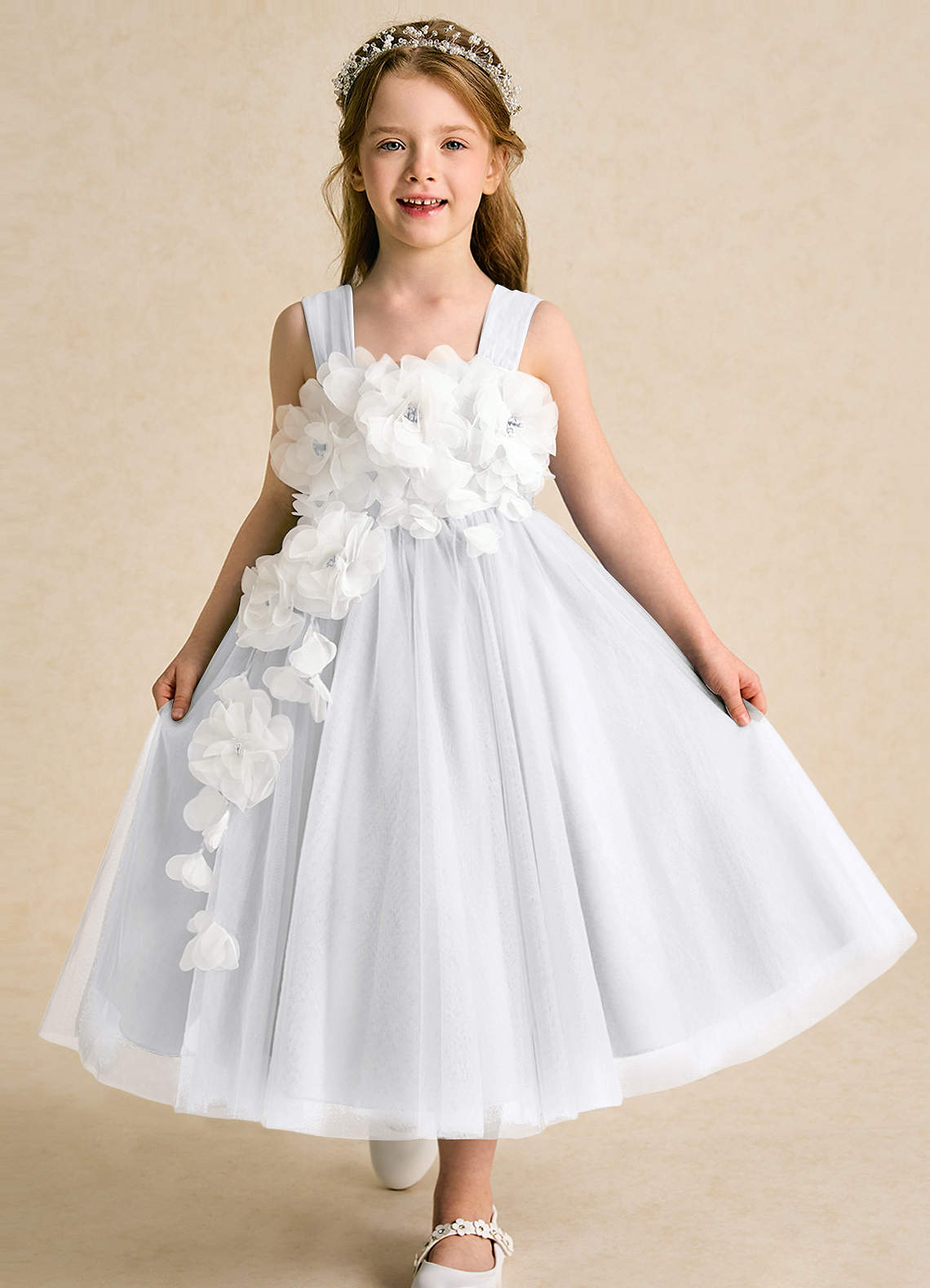 Azazie Dovey Flower Girl Dresses White Ball-Gown Bow Tulle Dress image1