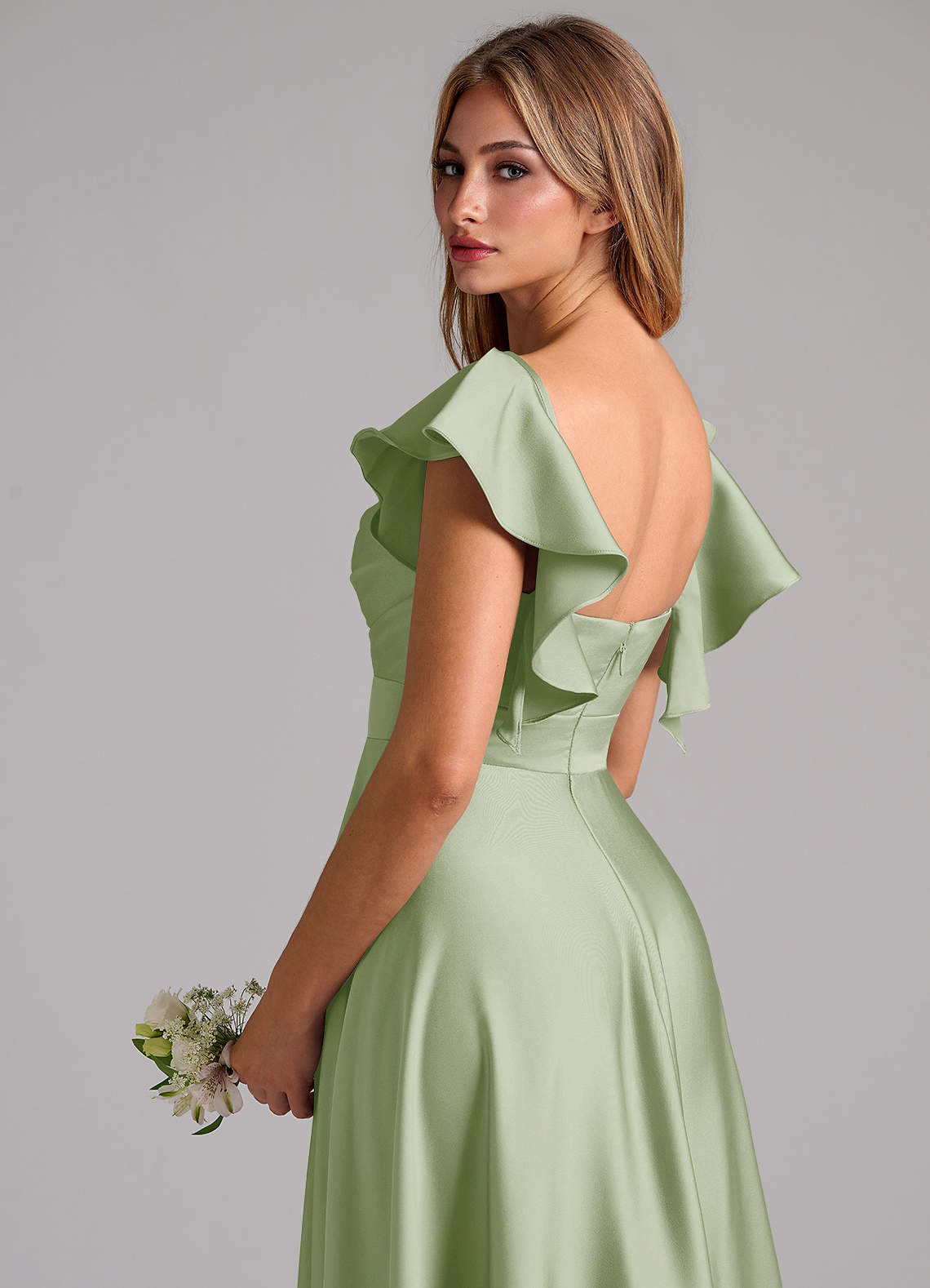 Azazie Leilani Robes de demoiselle d'honneur Robe Trapèze en Satin extensible Rayé Vert Sauge image8