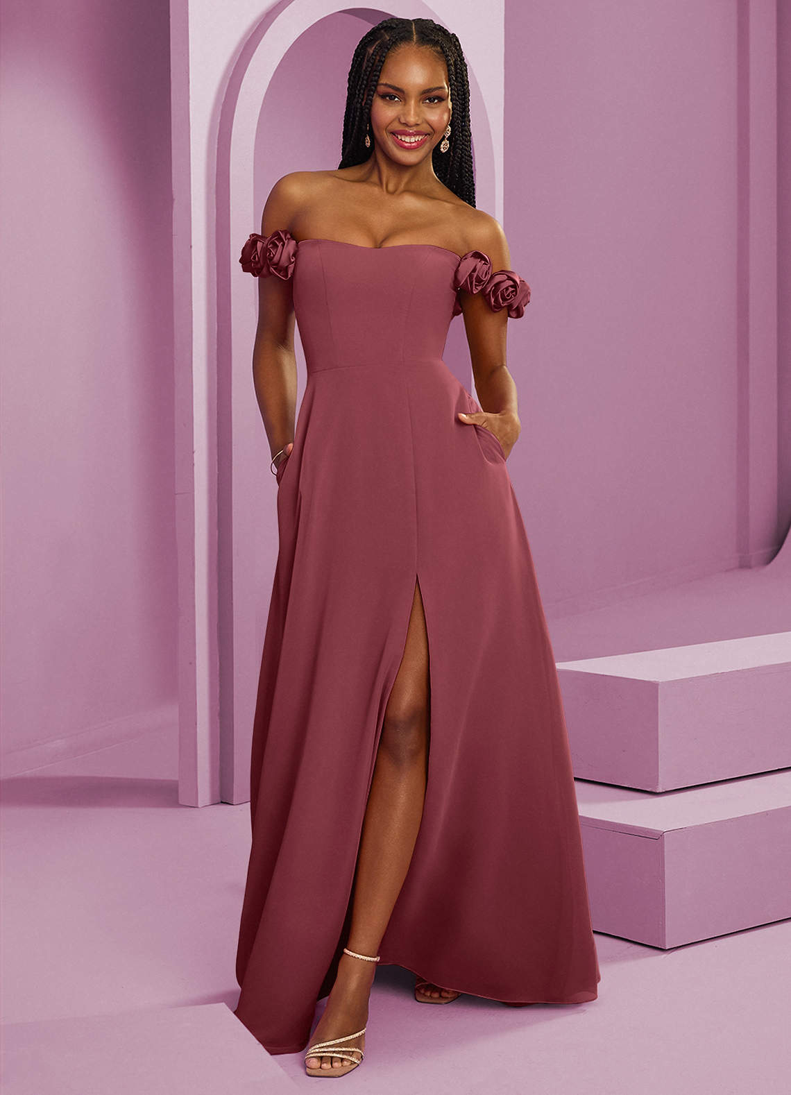 Barbie ♥ Azazie Robes de demoiselle d'honneur Robe Trapèze Convertible en Mousseline de soie Épaule décolletée Merlot image1