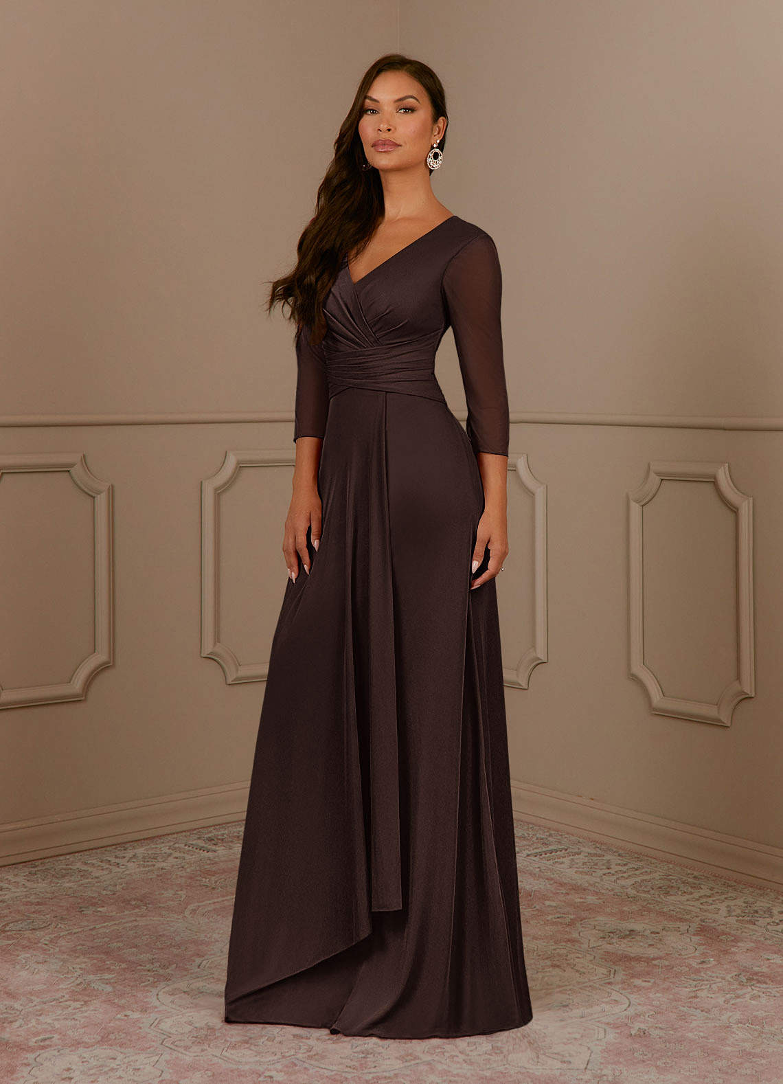 Azazie Annetta At-home Try On Dresses Mulberry A-Line V-Neck Pleated Mesh Dress image1