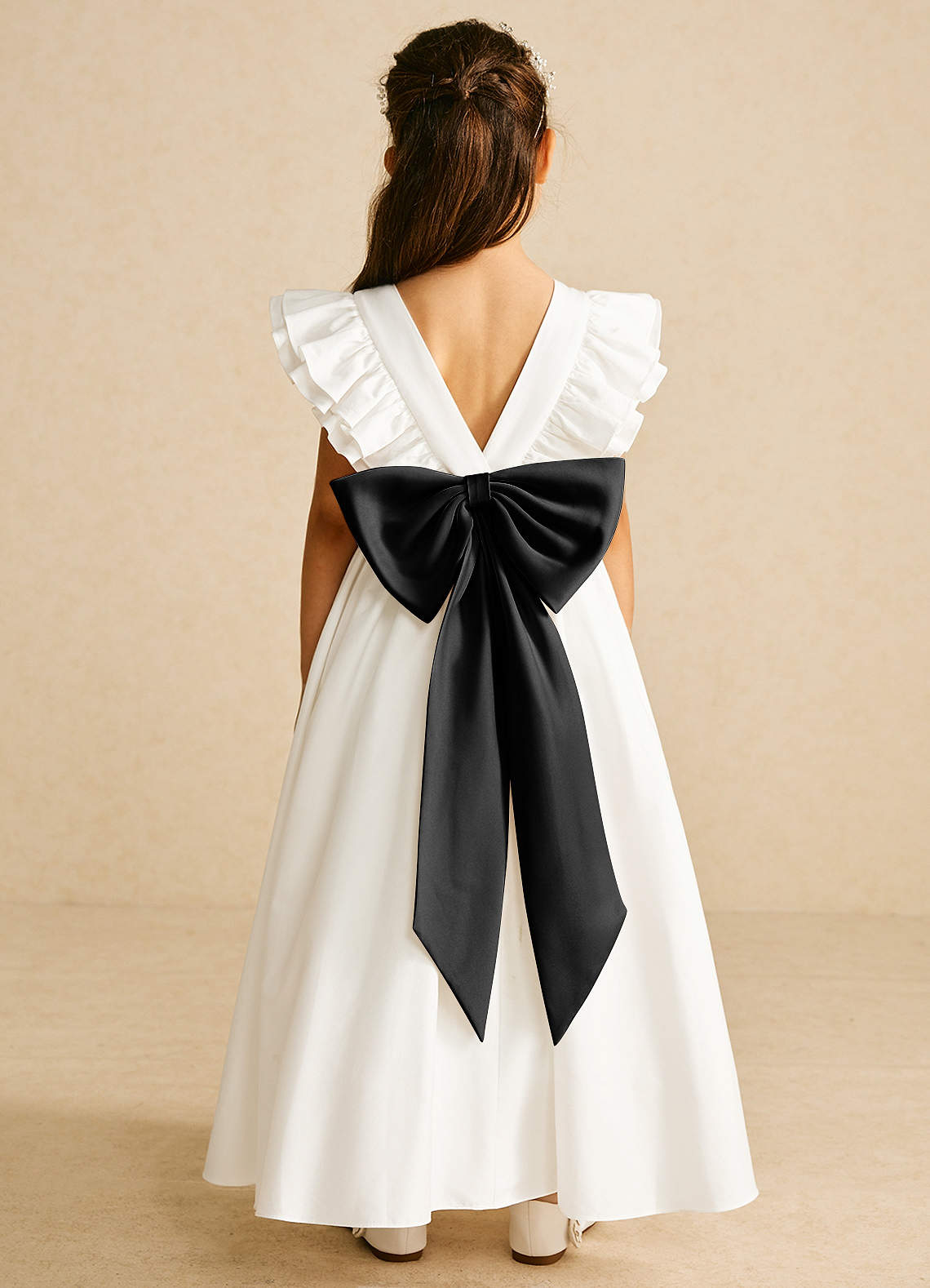 Azazie Aero Flower Girl Dresses Ivory Black A-Line Pleated Cotton Dress image1