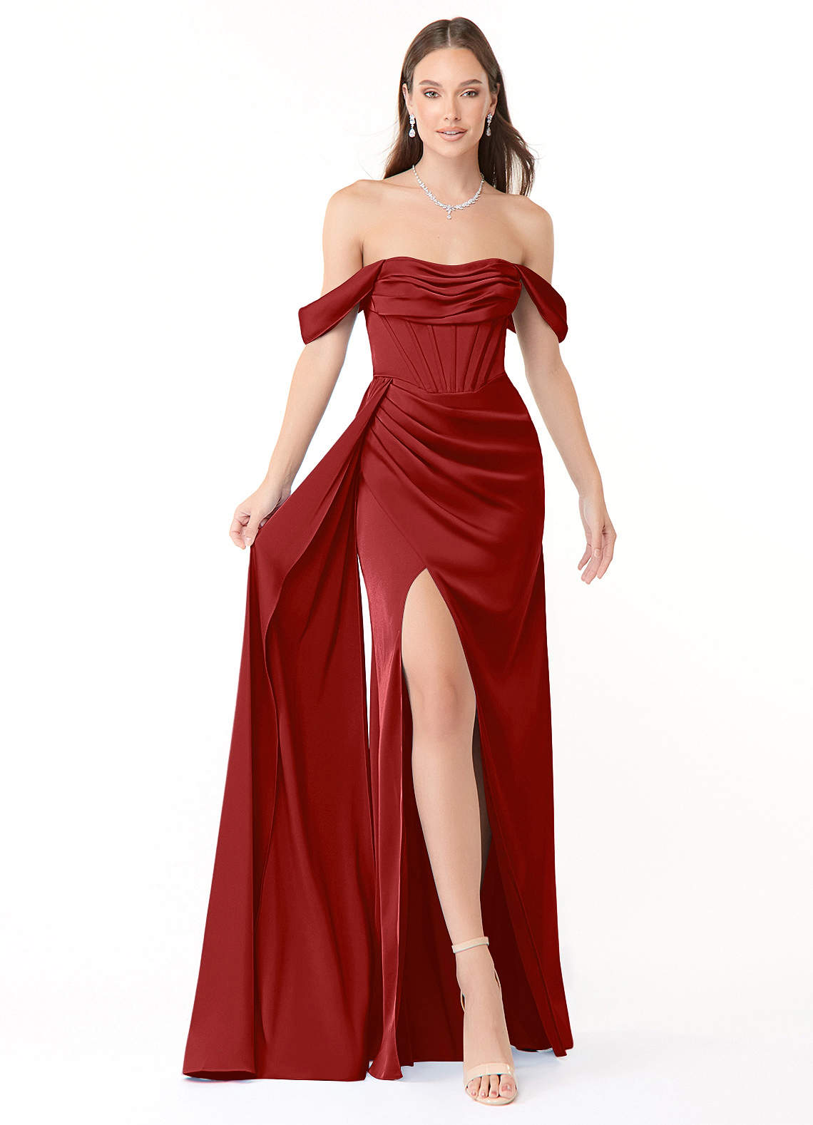 Azazie Amyra Vestidos de damas de honor Vestido de Granada de Satén Elástico de Corte Recto Convertible con Vestidos sin tirantes image1