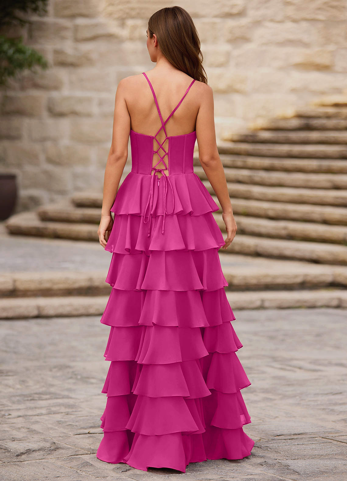 hot pink ruffle prom dress Hot Pink Sequin Ruffle Tiered Prom Dress with Slit Sweetheart Corset P Msikoods Official Store