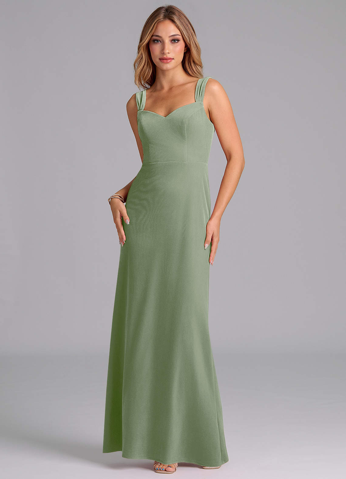 Azazie Denice Bridesmaid Dresses Dusty Sage Sheath Pleated Velvet Dress image1