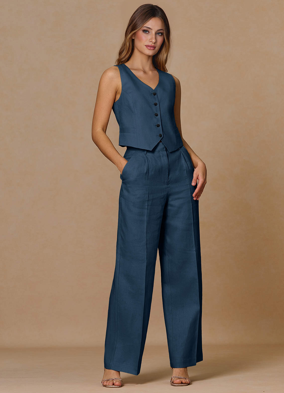 front Belicia Dark Navy 100% Linen 3-Piece Suit