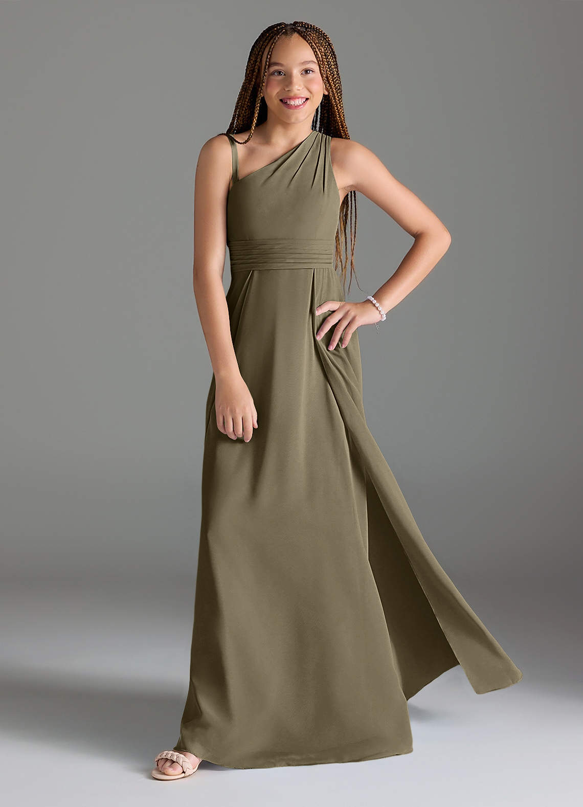 Azazie Dallas Junior Willow Green A-Line Pleated Chiffon Dress image1