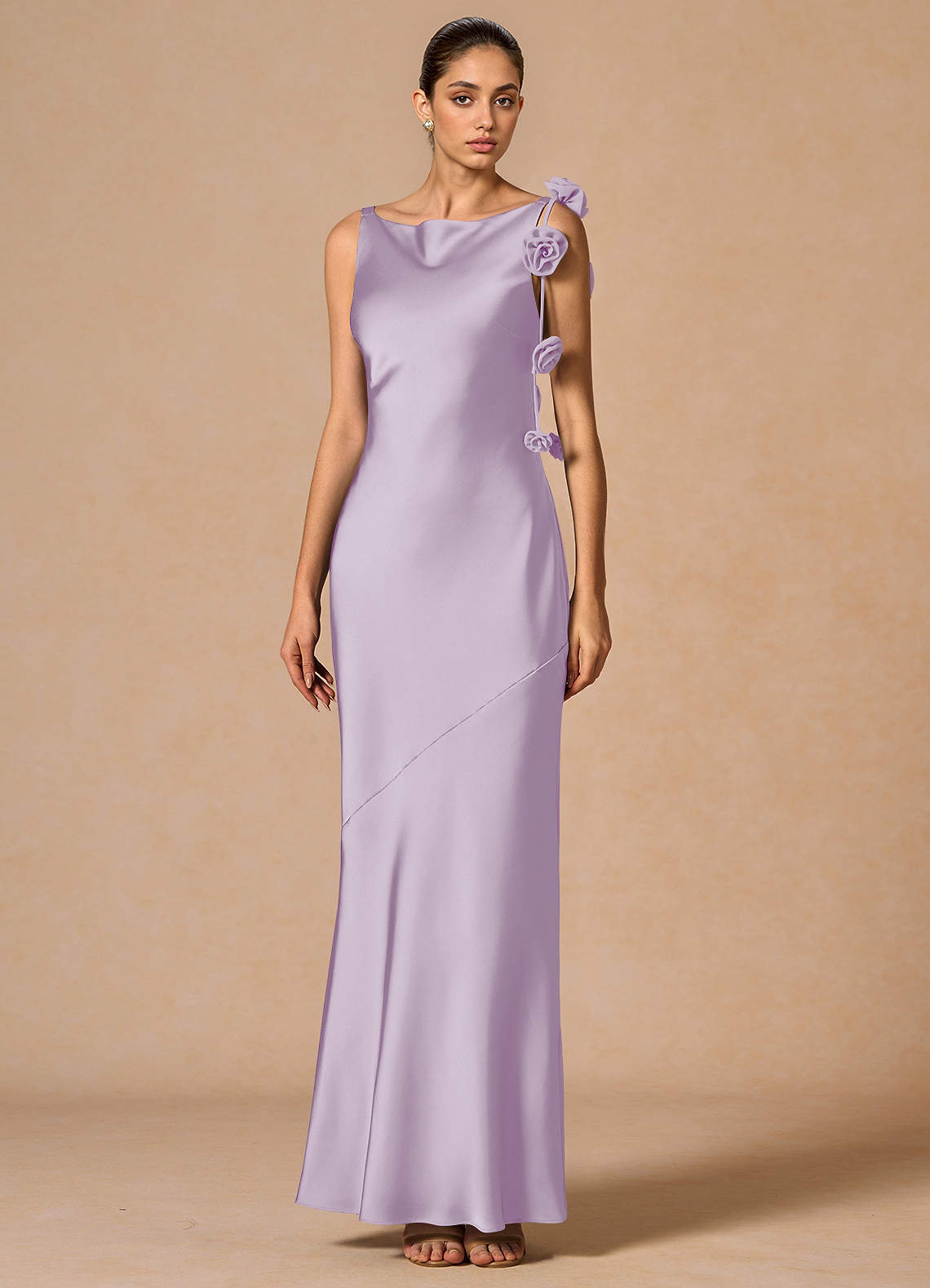 Azazie Floor-Length Maxi Dresses Column Wedding Guest Formal Dresses Bateau 3D Flowers Frosted Lilac