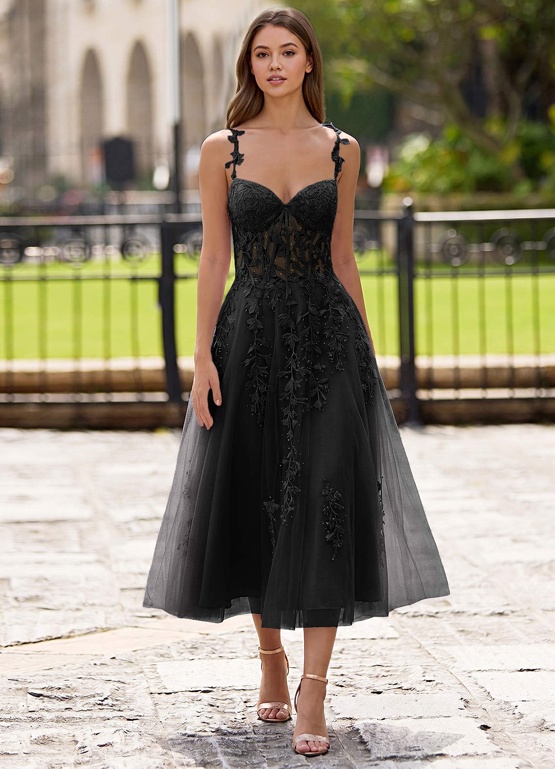 Zosia Black Lace A-line Lace Up Back Midi Dress | Azazie CA