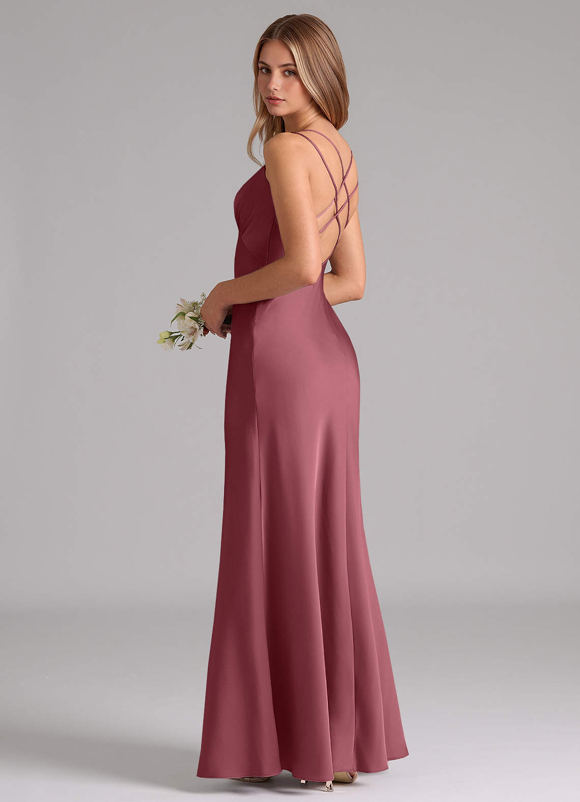 Azazie Suttona Brautjungfernkleider A-Linie Plissee Stretch-Satin Kleid Wüstenrose image1