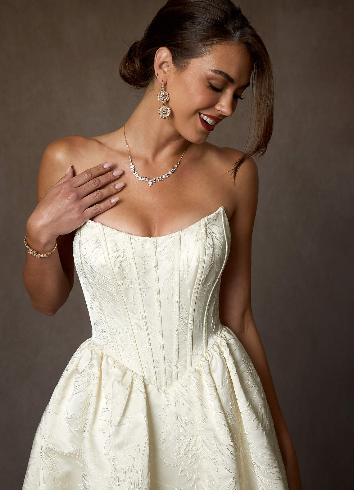 Azazie Demetria Wedding Dresses Antique White Ball-Gown Strapless Floral Jacquard Dress image4