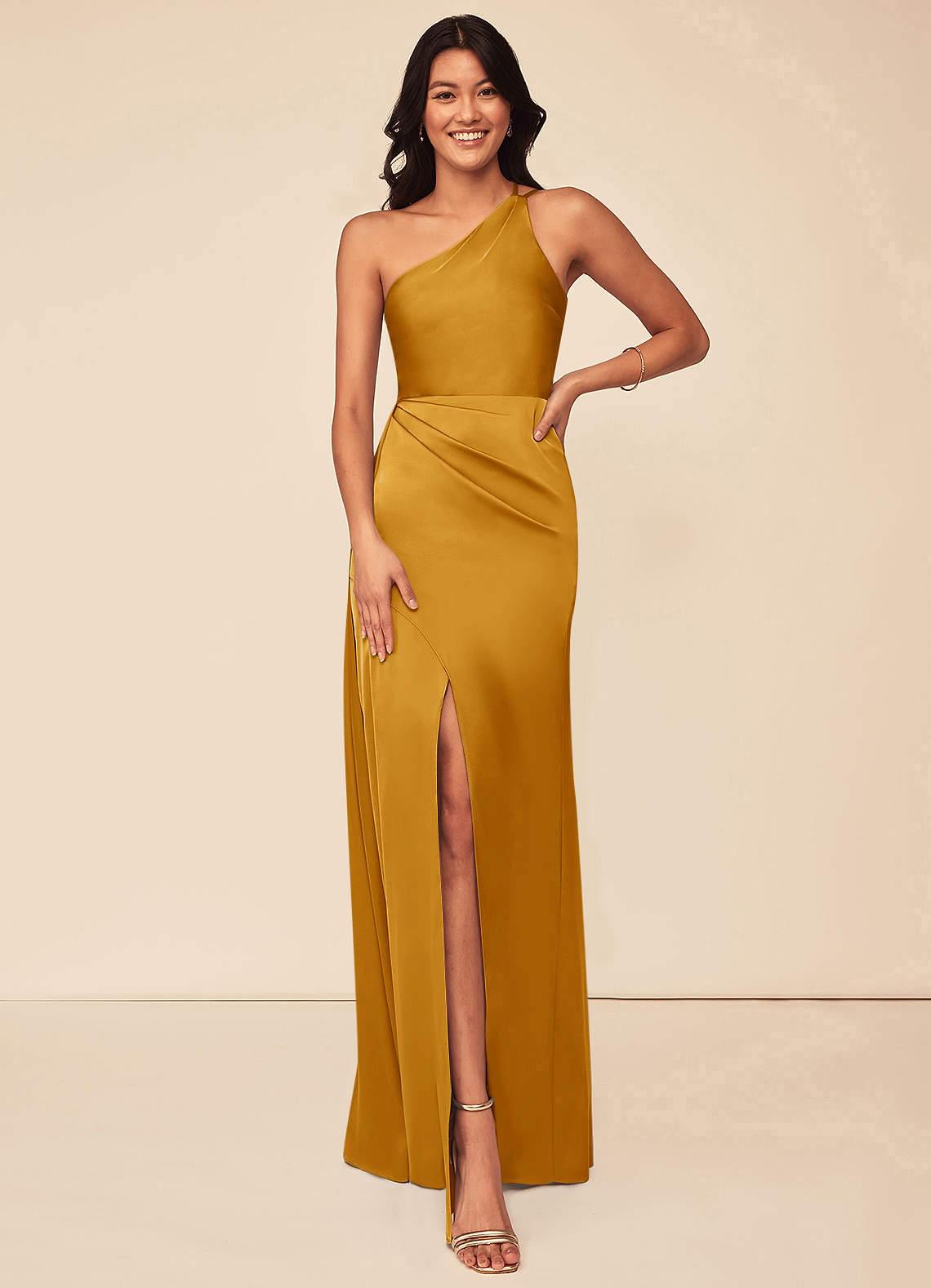 Azazie Maron Bridesmaid Dresses Butterscotch A-Line One Shoulder Stretch Satin Dress image1