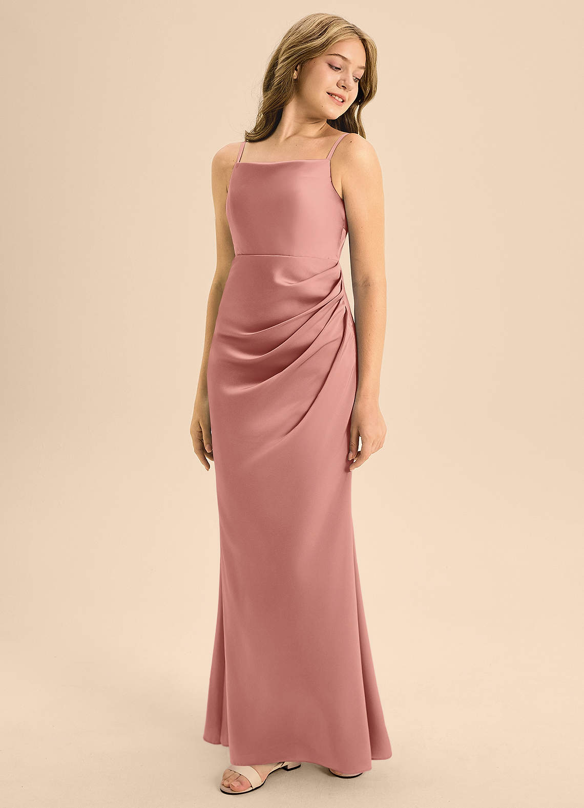 Azazie Renna Junior Rosette A-Line Pleated Stretch Satin Dress image1