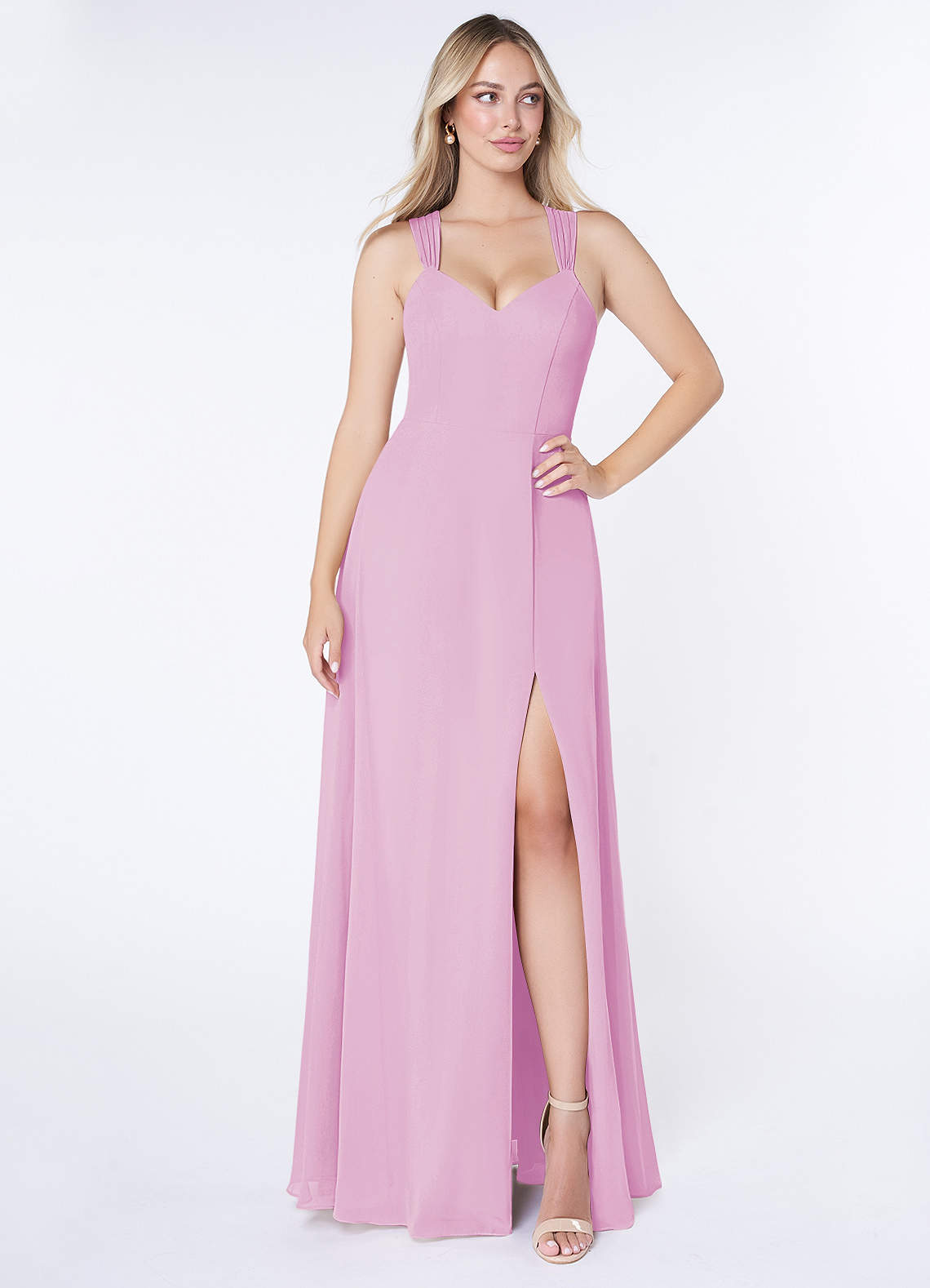 Azazie Jane Bridesmaid Dresses Candy Pink A-Line V-Neck Pleated Chiffon Dress image1