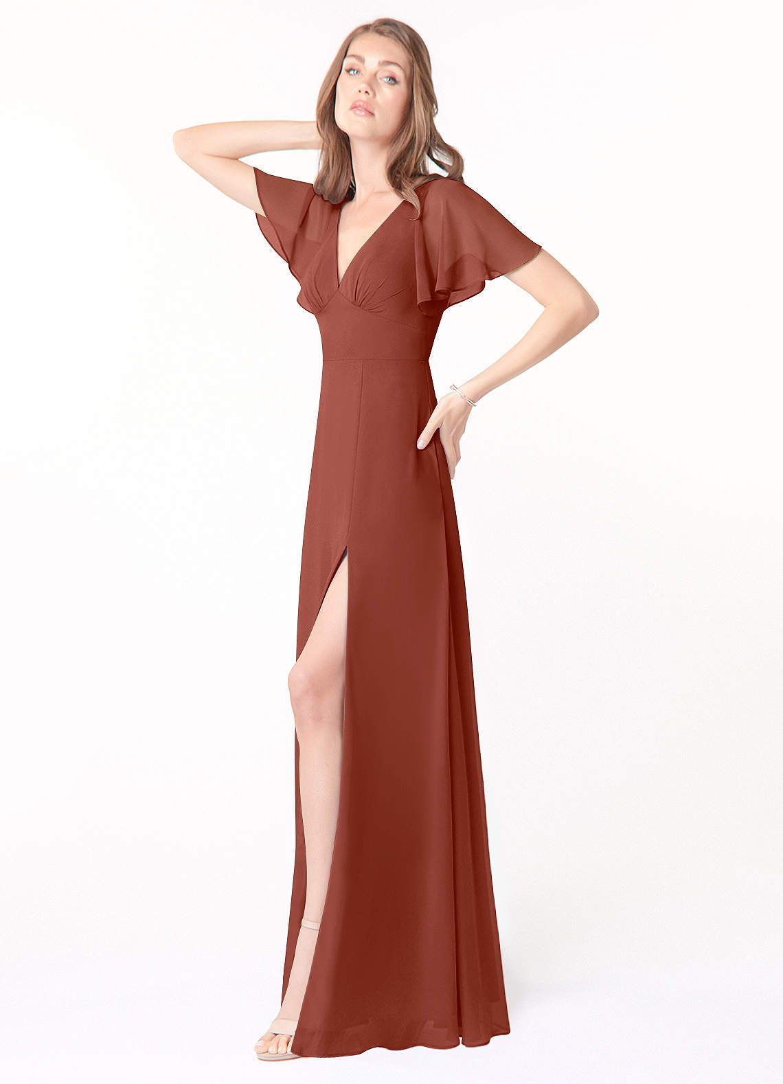 Azazie Kimber Bridesmaid Dresses Auburn A-Line Flounce Sleeve Chiffon Dress image2