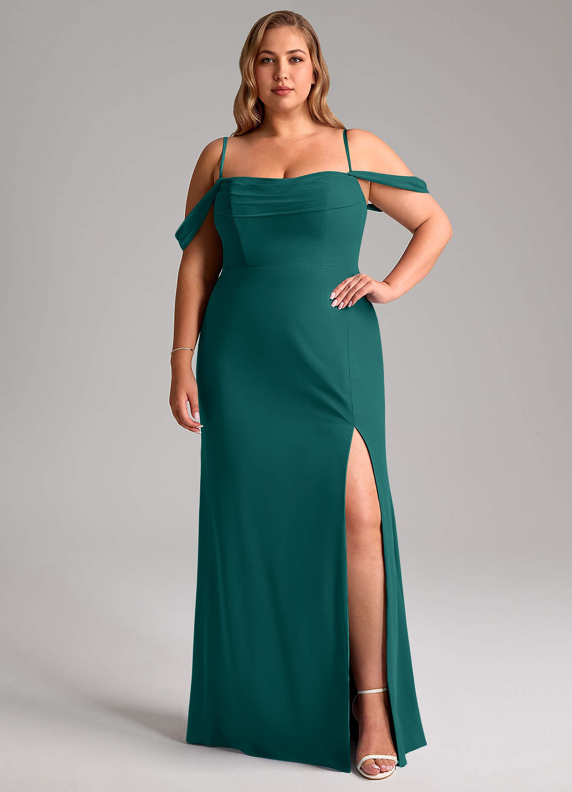 Azazie Saige Abiti da Damigella Abito Convertibile A-Line in Chiffon a Spalla Scoperta Verde Pavone image12