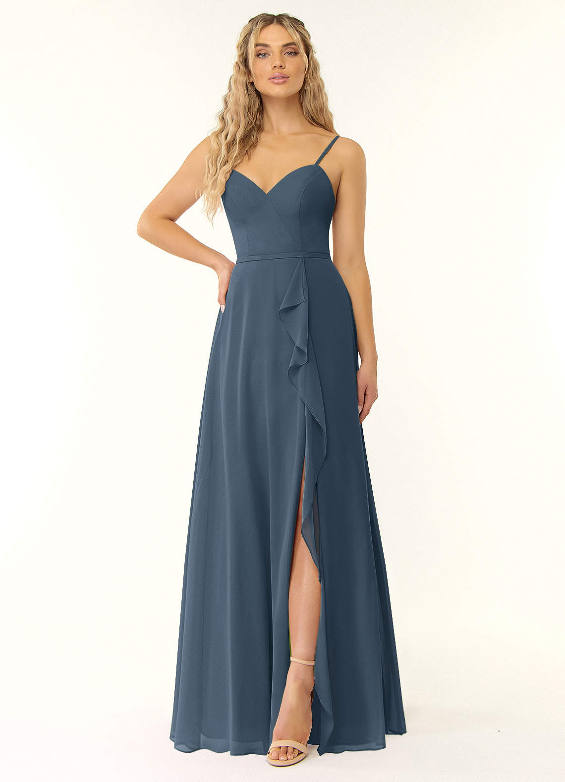 Azazie Naeem Abiti da Damigella Abito A-Line in Chiffon con Scollo a V e Volant Blu Nettuno image1