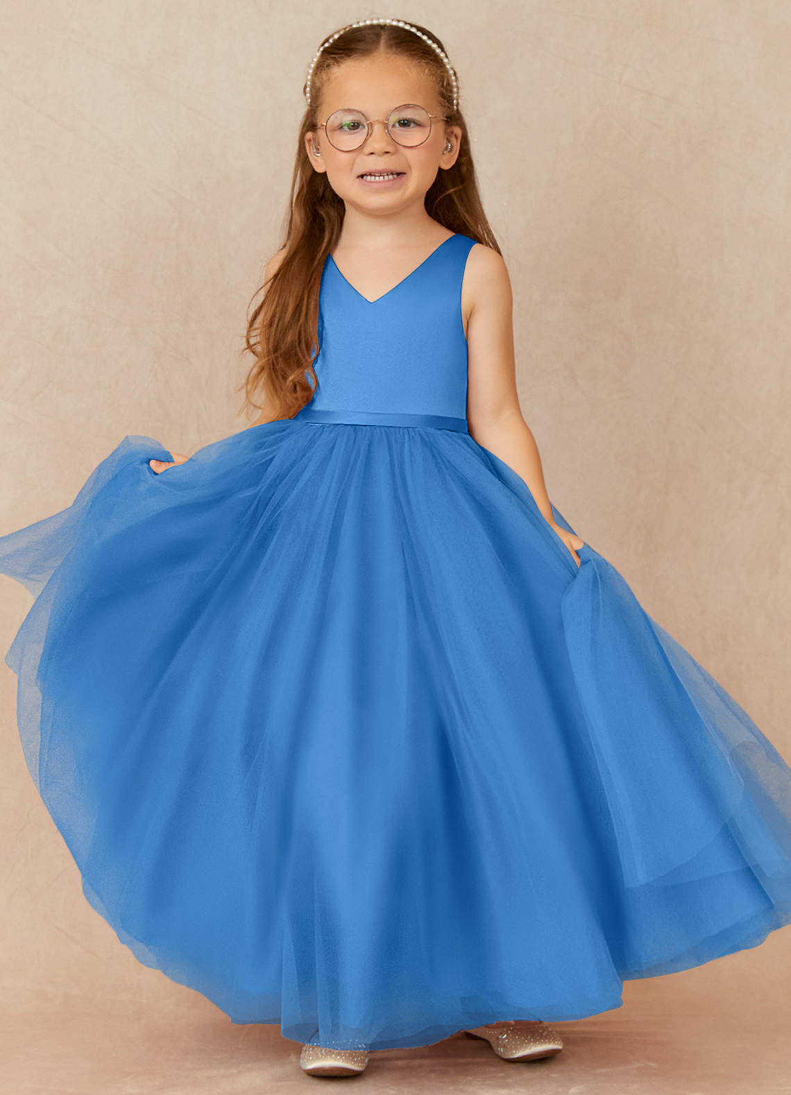 Azazie Marybell Flower Girl Dresses Blue Jay A-Line Bow Tulle Dress image1