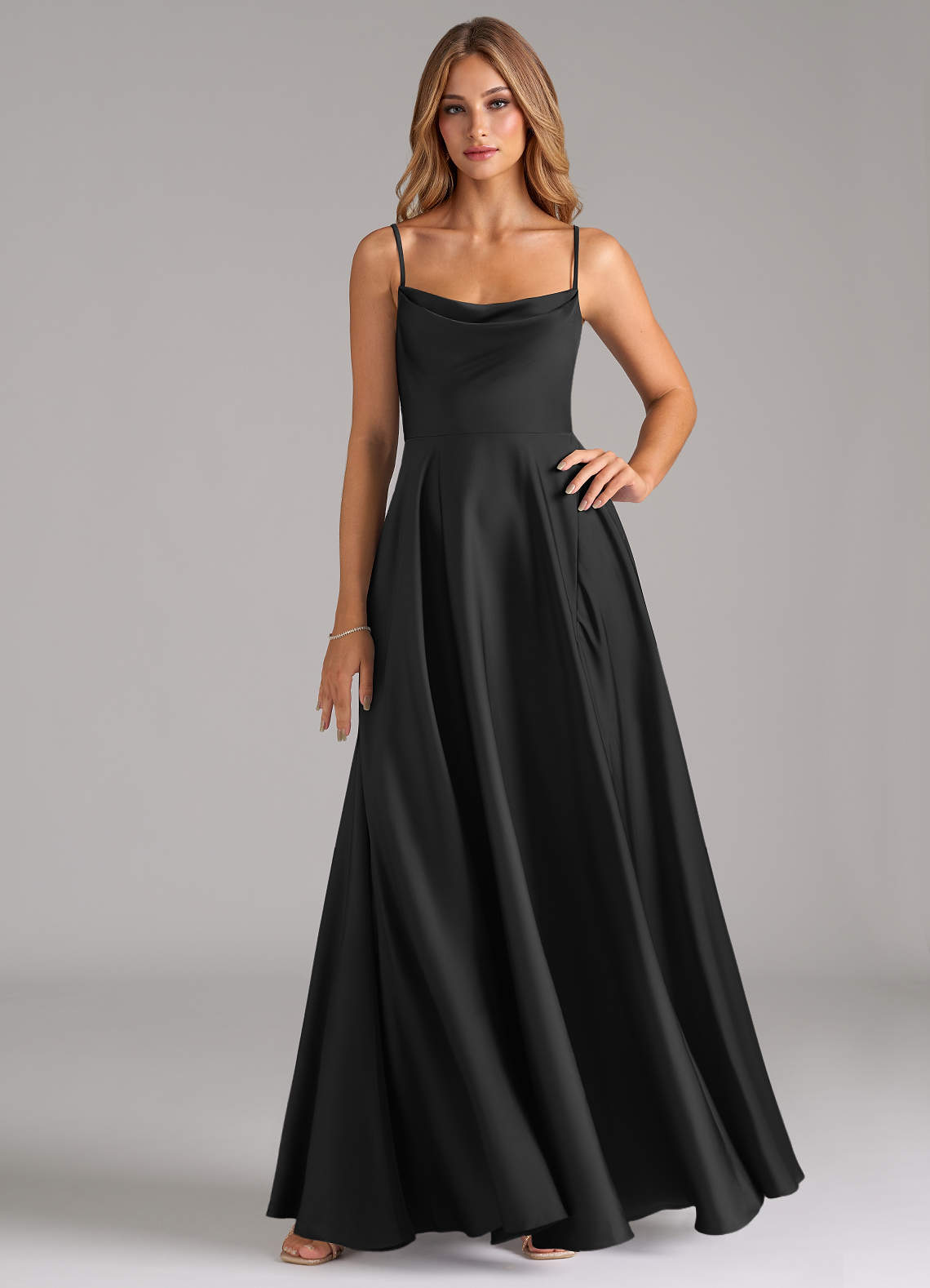 Azazie Elle At-home Try On Dresses Black A-Line Pleated Stretch Satin Dress image1
