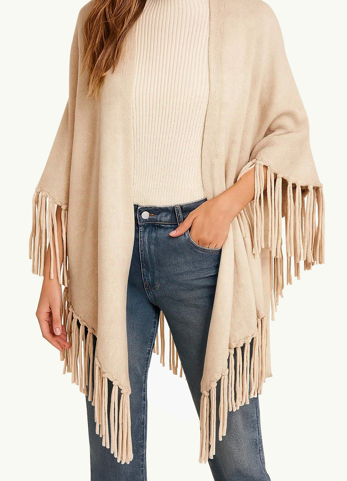 front Multiway Brushed Knit Fringe Shawl