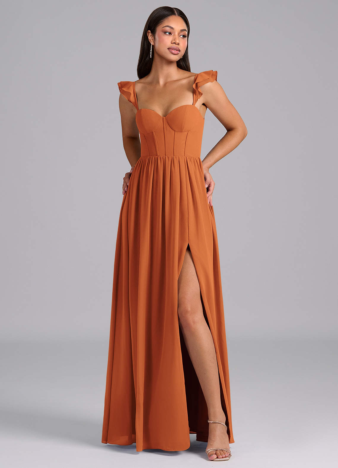 Azazie Denisse Bridesmaid Dresses Cinnamon A-Line Ruched Chiffon Dress image1
