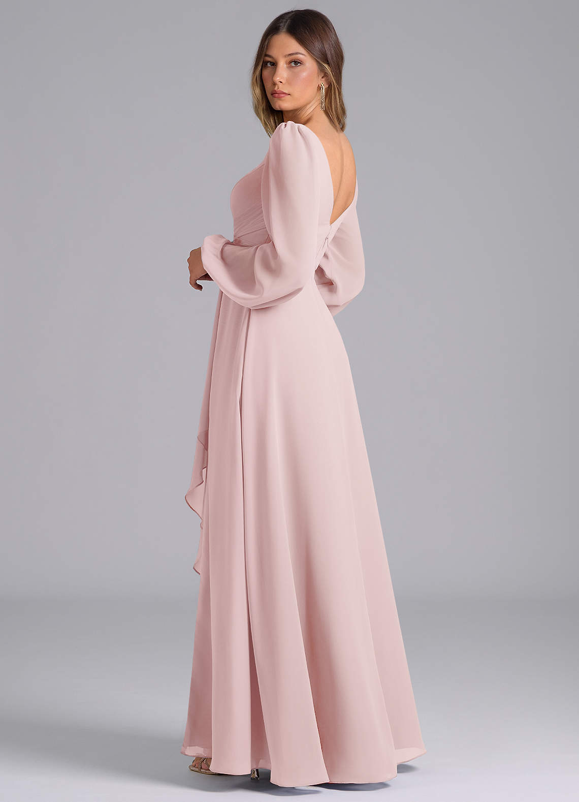 Azazie A-Line V-Neck Long Sleeve Floor-Length Chiffon Bridesmaid Dresses - Blushing Pink Azazie A-Line V-Neck Long Sleeve Floor-Length Chiffon Bridesmaid Dresses - Blushing Pink