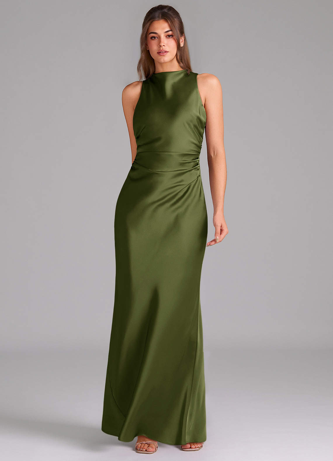 Azazie Evadne Bridesmaid Dresses Olive Sheath Pleated Stretch Satin Dress image2