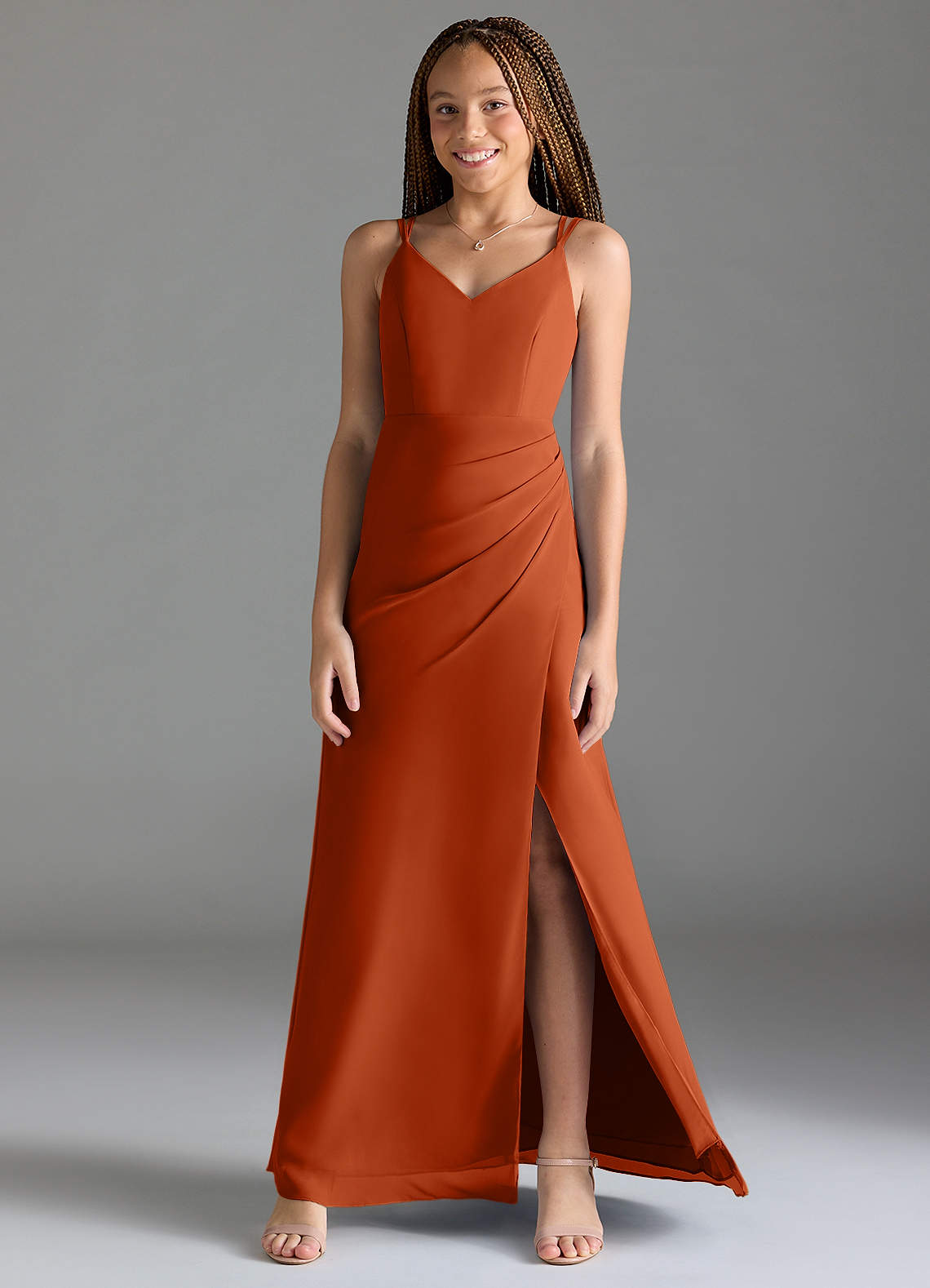 Azazie Leo Junior Burnt Orange Mermaid Pleated Chiffon Dress image1