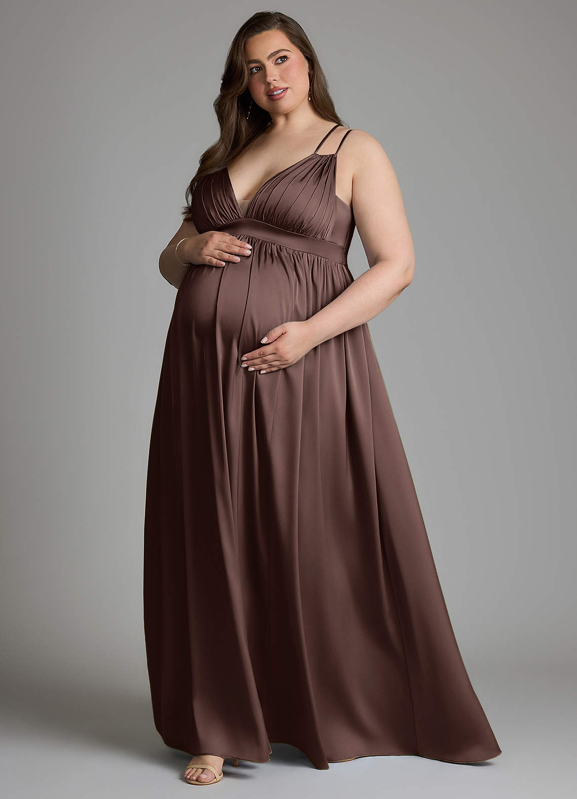 Azazie Emree Maternity Bridesmaid Dresses A-Line Stretch Satin Floor-Length Dress with Pockets image7