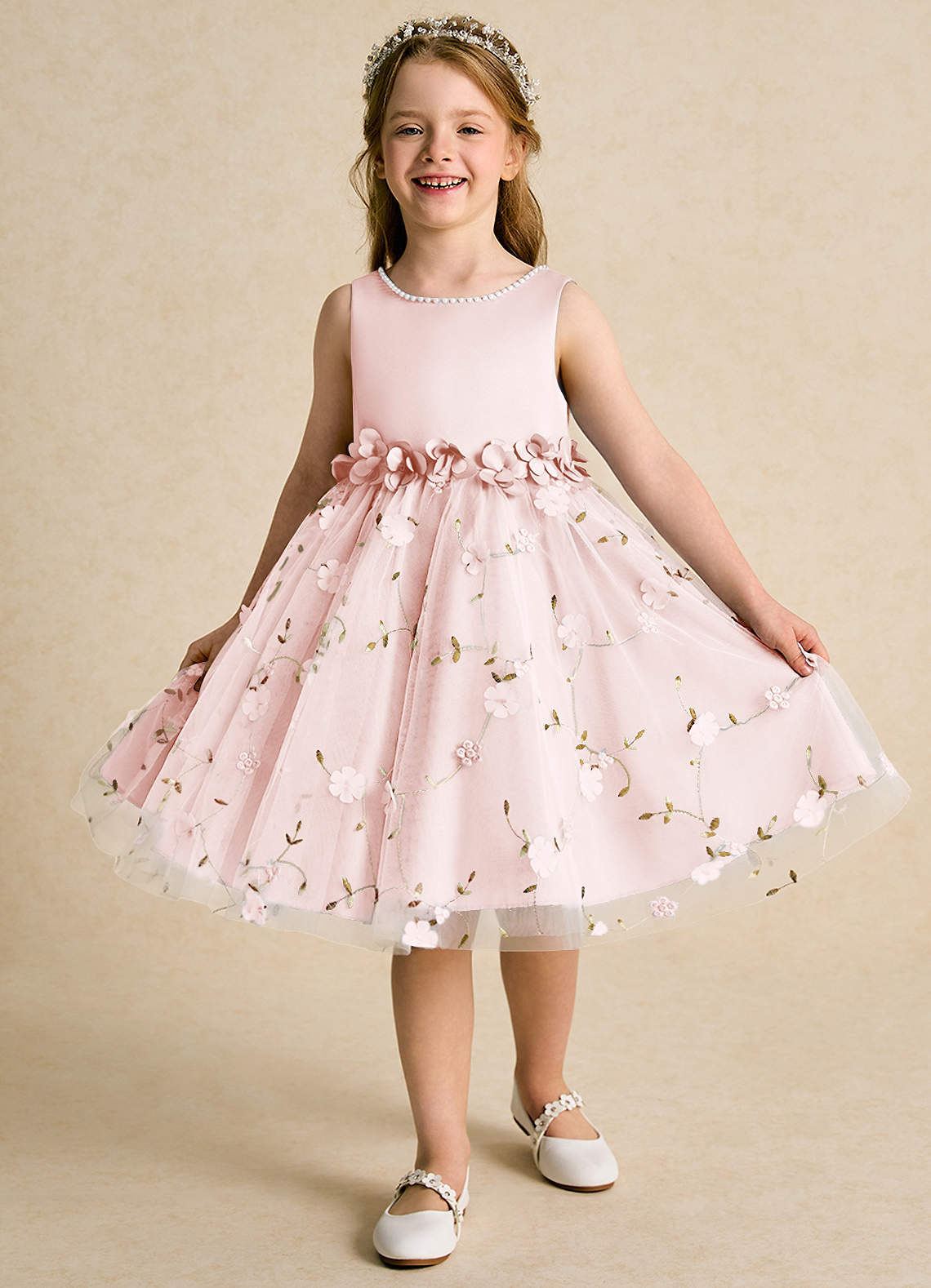 Azazie Starri Flower Girl Dresses Blushing Pink Ball-Gown Beaded Matte Satin Dress image3