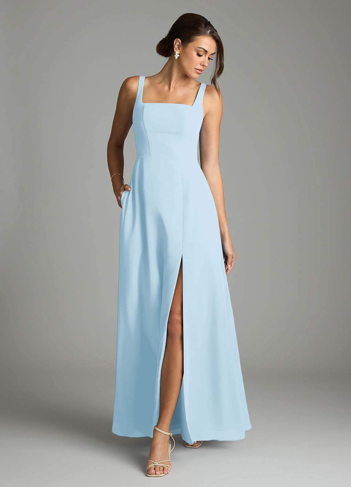 Azazie Debra Bridesmaid Dresses Sky Blue A-Line with Pockets Chiffon Convertible Dress image3