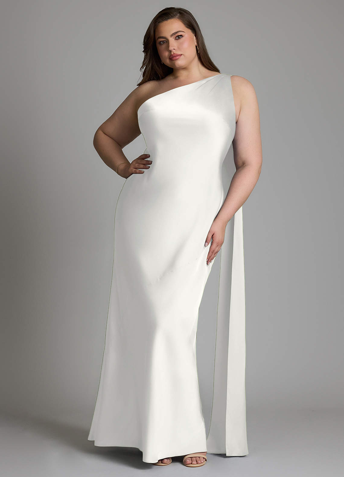 Azazie Juniper Bridesmaid Dresses White Mermaid One Shoulder Stretch Satin Dress image1