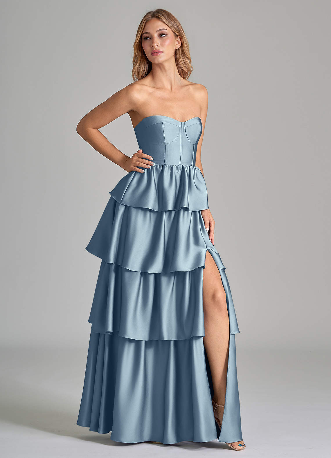 Azazie Faye Bridesmaid Dresses Dusty Blue A-Line Ruched Stretch Satin Dress image1