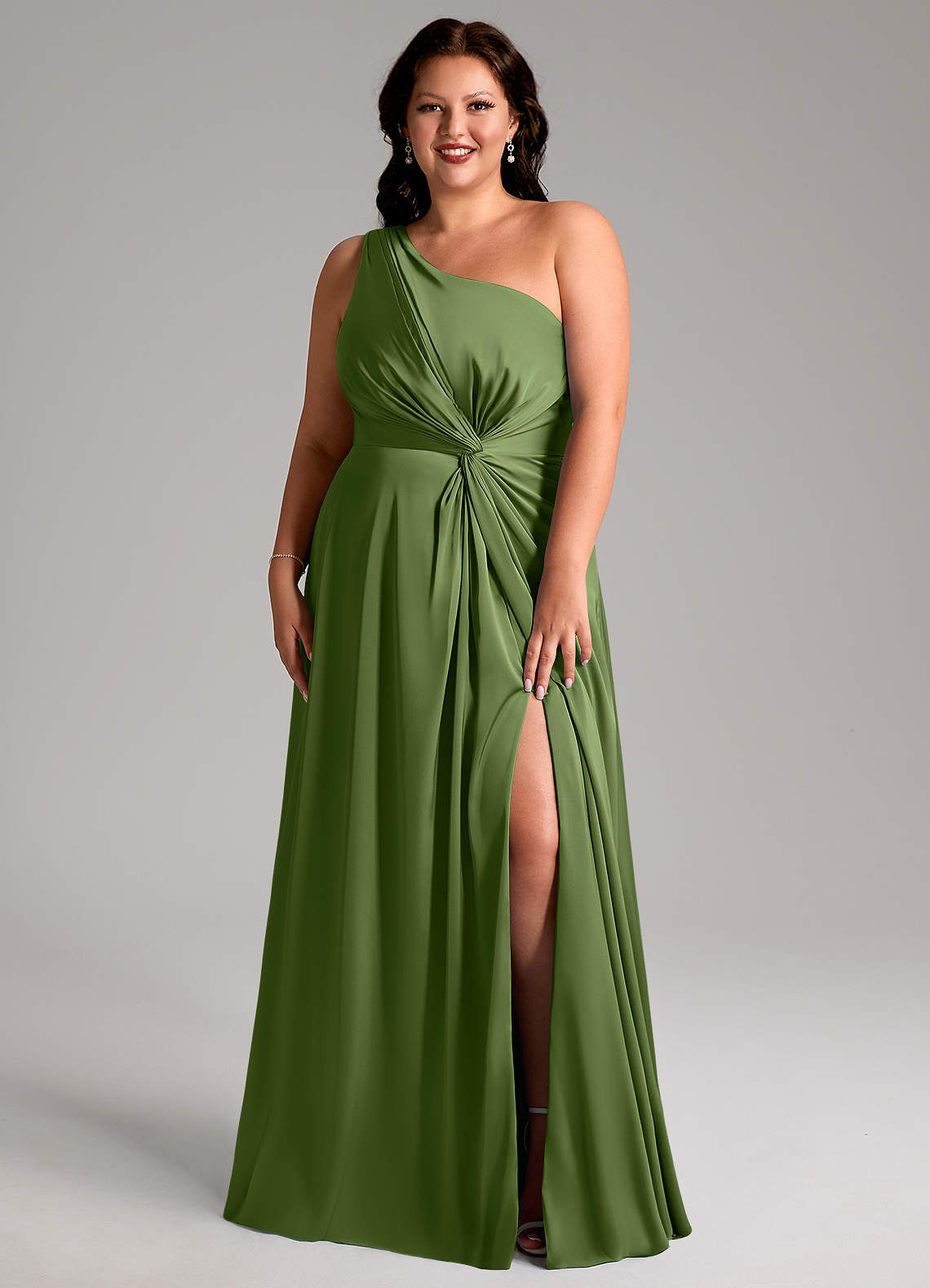 Azazie Brooke Vestidos de damas de honor Vestido de Enebro de Satén Elástico de Corte en A con Hombro unilateral image7