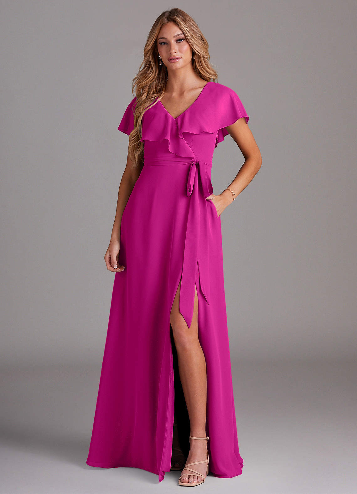 Azazie Lainey Bridesmaid Dresses Fuchsia A-Line with Pockets Chiffon Dress image1