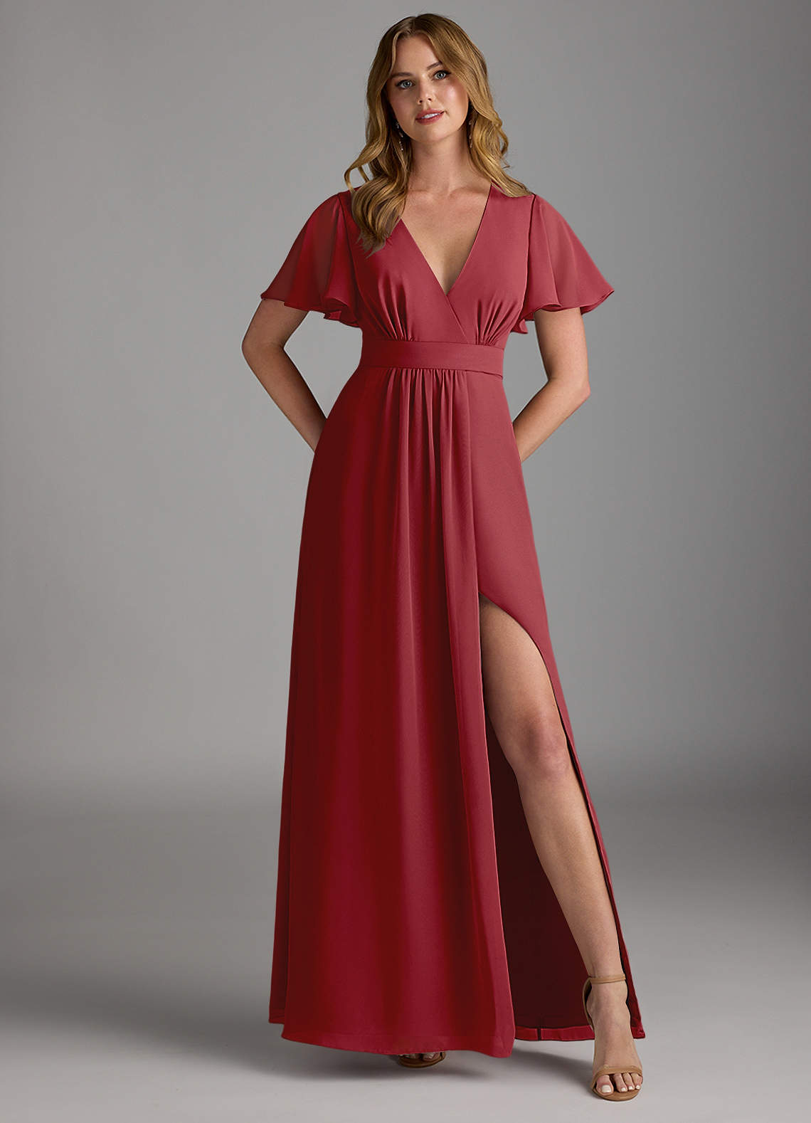 Azazie Zaniah Brautjungfernkleider A-Linie Chiffon Kleid Granatapfelrot image1