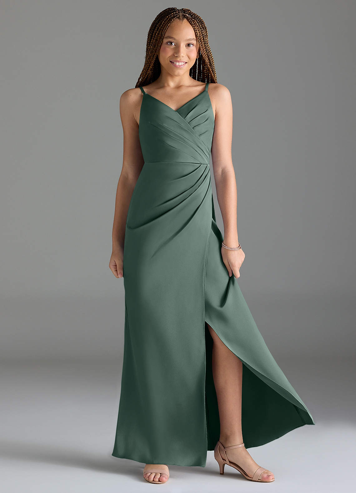 Azazie Maci Junior Sea Moss Mermaid Pleated Stretch Satin Dress image1