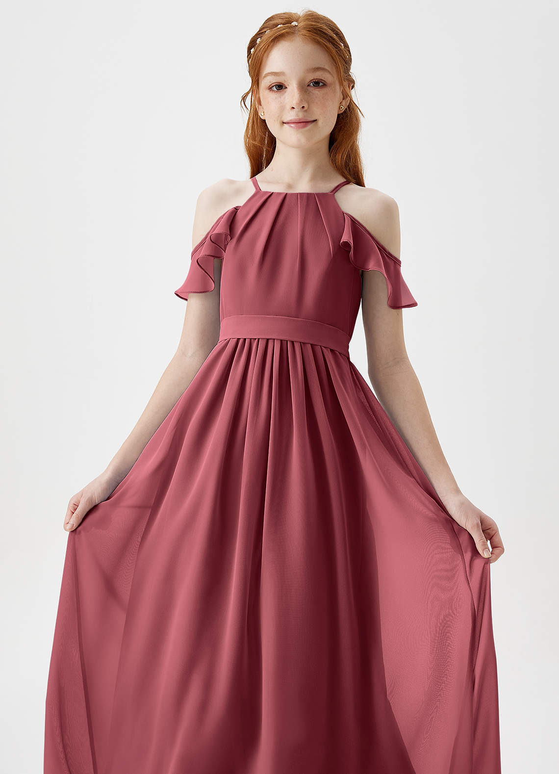 Azazie Chaya Junior Merlot A-Line Off the Shoulder Chiffon Dress image1
