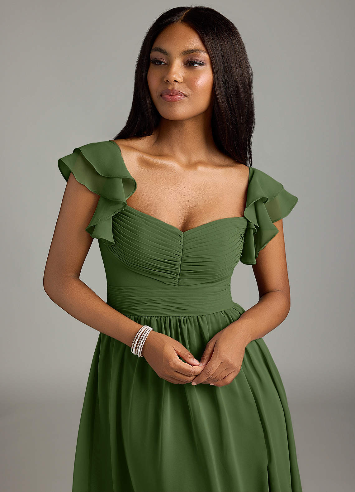 Azazie Anaya Jurken voor bruidsmeisjes Jurk van Chiffon met A-Lijn Geplooid Olijf image5