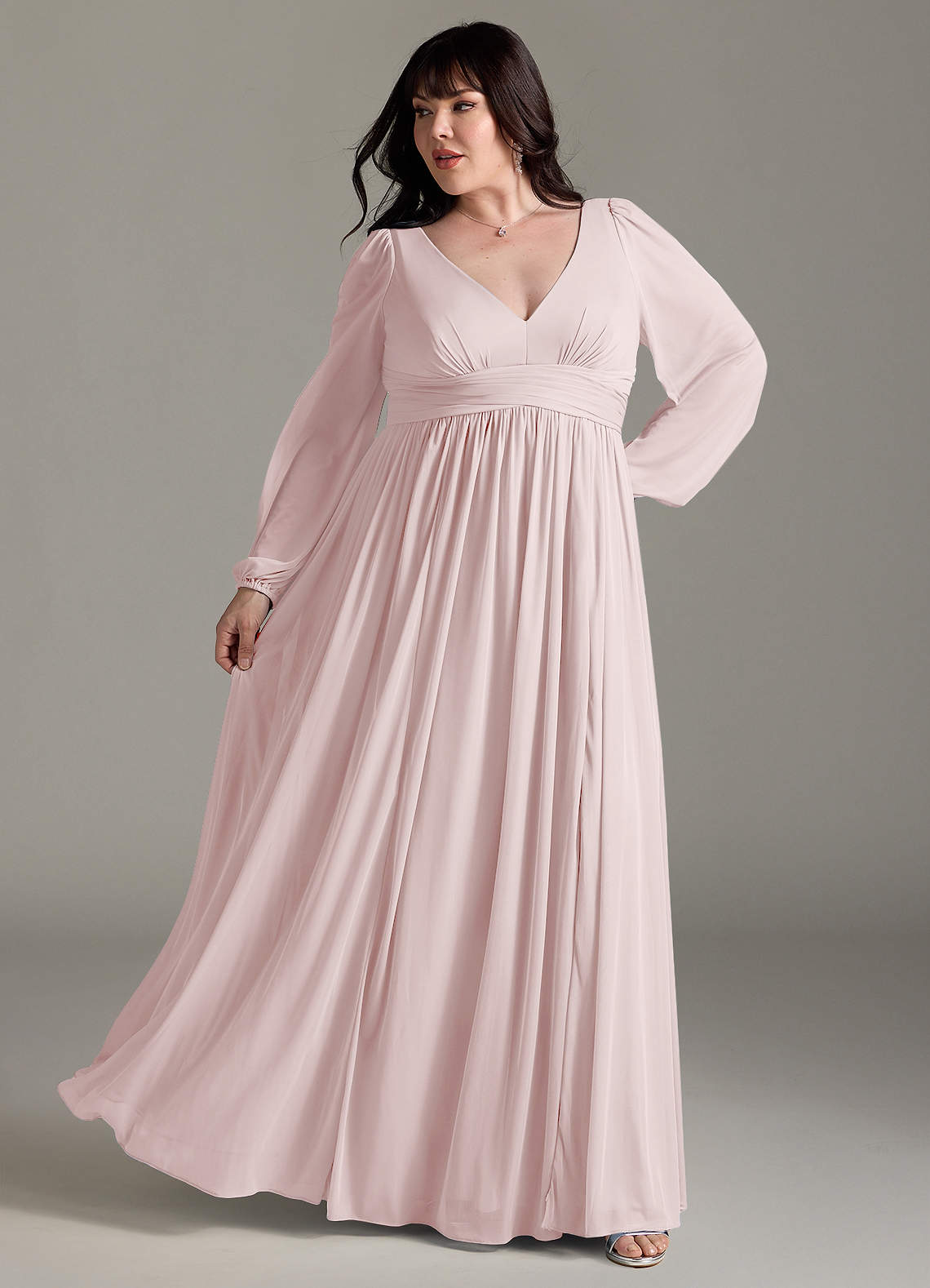 Azazie Plus Size A-Line V-Neck Long Sleeve Floor-Length Chiffon Bridesmaid Dresses - Blushing Pink