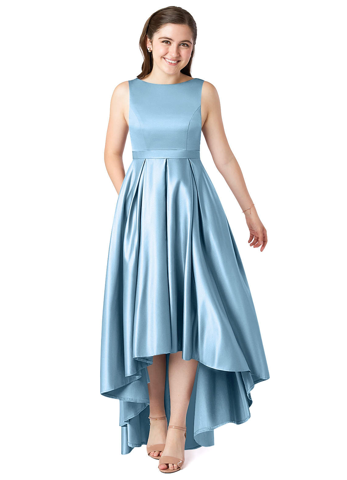 Azazie Inaya Junior Steel Blue A-Line with Belt Stretch Satin Dress image1